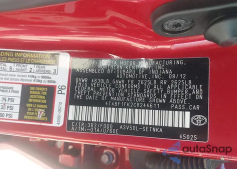 2012 Toyota Camry Le из США, поврежденный, VIN 4T4BF1FK2CR244611